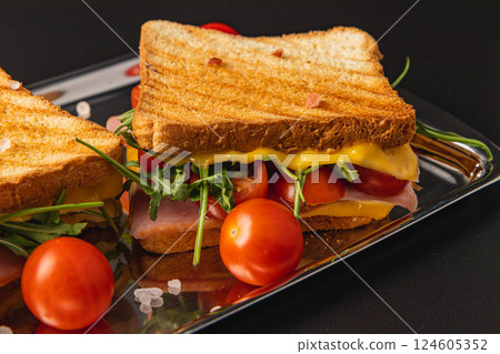 Delicious grilled sandwich with ham, cheese, spinach, and tomatoes for lunch 124605352