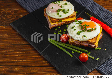 Tasty breakfast sandwich with eggs, ham, and veggies on slate Tasty breakfast sandwich with eggs, ham, and veggies on slate 124605377