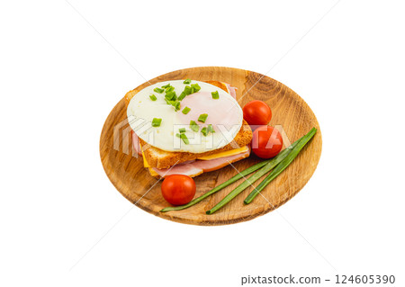 Breakfast sandwich with egg, tomatoes, and green onions on wooden plate 124605390