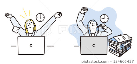 Simple illustration of a business woman working regular hours and overtime 124605437