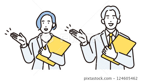 男女商人引導人群的簡單圖示 男女商人引導人群的簡單圖示 124605462