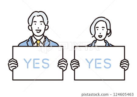 男性和女性商務人士手持白板的簡單圖示 男性和女性商務人士手持白板的簡單圖示 124605463