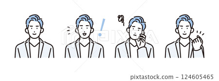 Simple illustration of a young man with various expressions and poses. 124605465
