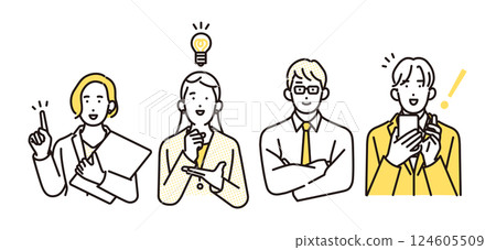 Simple illustrations: Male and female business people with positive expressions and poses. Person variations Simple illustrations: Male and female business people with positive expressions and poses. Person variations 124605509