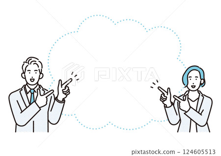 Simple illustration: Smiling male and female business people pointing with their fingers set Simple illustration: Smiling male and female business people pointing with their fingers set 124605513