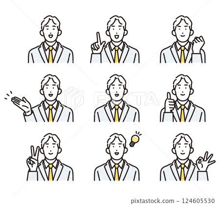 Simple illustration of a businessman with positive facial expressions and poses. Variations 124605530