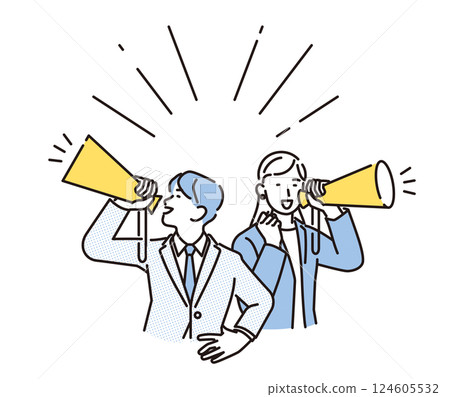 Simple illustration: Male and female business people cheering with megaphones Simple illustration: Male and female business people cheering with megaphones 124605532