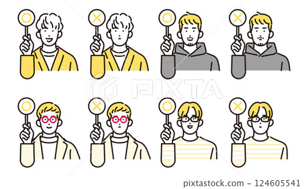 Simple illustration: Casually dressed men holding round and cross cards. Character set Simple illustration: Casually dressed men holding round and cross cards. Character set 124605541