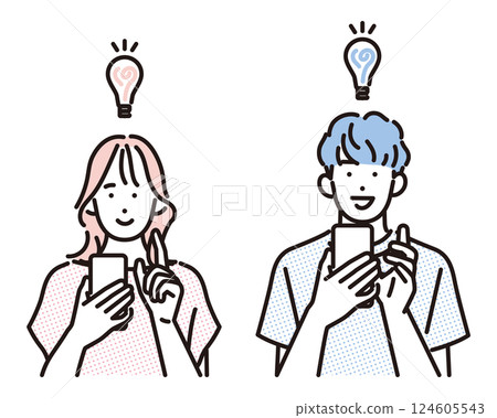 Simple illustration: A young man and woman who have an idea while looking at their smartphone Simple illustration: A young man and woman who have an idea while looking at their smartphone 124605543