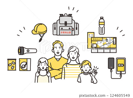 一家人為因應災難準備防災用品的簡單圖示 一家人為因應災難準備防災用品的簡單圖示 124605549