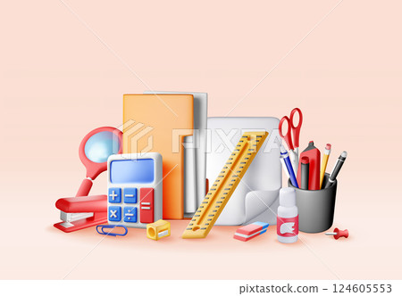 3d set of office stationery elements isolated 124605553