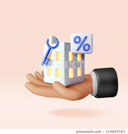 3D Businessman key holding house, key and percent 3D Businessman key holding house, key and percent 124605563