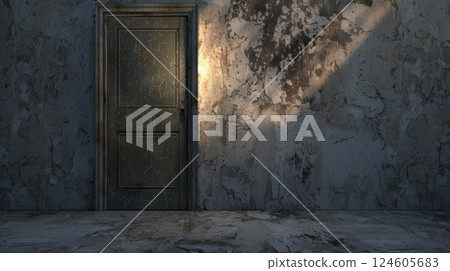 Mysterious closed wooden door in an abandoned room with peeling walls and dramatic lighting. Concept of secrets, mystery 124605683