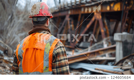 Engineer in a safety vest inspects the ruins of a collapsed bridge. Scene of destruction, and environmental damage. 124605684
