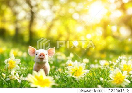 Adorable Newborn Piglet Standing on Green Grass Surrounded by Bright Flowers in Sunny Field Adorable Newborn Piglet Standing on Green Grass Surrounded by Bright Flowers in Sunny Field 124605740