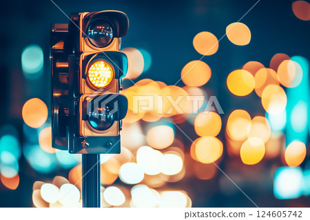 Modern Traffic Light with Yellow Signal and Blurred City Lights in Background at Night Modern Traffic Light with Yellow Signal and Blurred City Lights in Background at Night 124605742