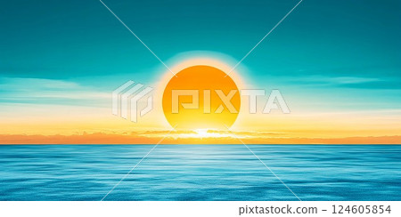 A stunning sunset over calm ocean waters, creating a serene and peaceful atmosphere. 124605854