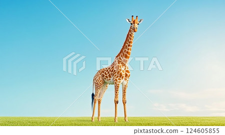A tall giraffe stands gracefully in a lush green landscape under a clear blue sky. 124605855