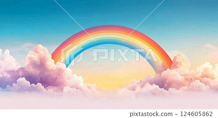 A vibrant rainbow arches gracefully over fluffy clouds in a serene sky. 124605862