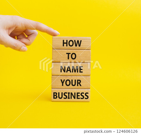 Business symbol. Wooden blocks with words How to name your Business. Businessman hand. Beautiful yellow background. Business How to name your Business concept. Copy space. 124606126