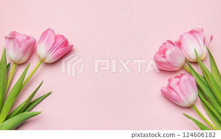 Pink tulips creating a frame on pastel pink background 124606182