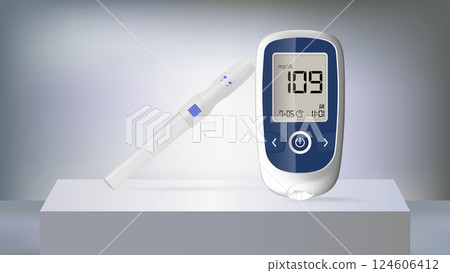 Realistic blood glucose testing device with injection on a 3d stage 124606412