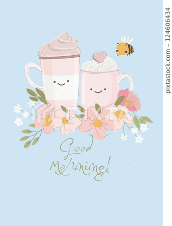Hand drawn trendy couple of tea or coffee cups standing on floral wreath 124606434