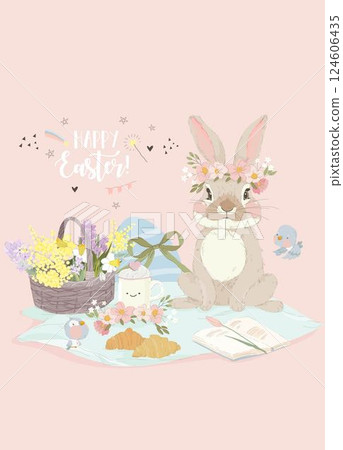 Happy Easter Greeting Card with Cute Bunny and Easter Elements 124606435