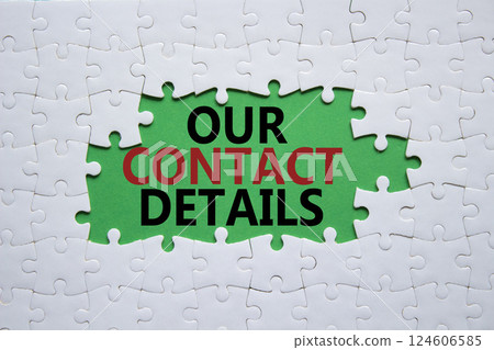 Our Contact Details symbol. Concept words Our Contact Details on white puzzle. Beautiful green background. Business and Our Contact Details concept. Copy space. 124606585