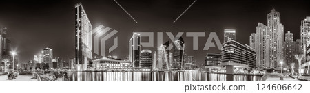 Skyscrapers and bridge over water, black and white style, city background, Dubai Marina bay UAE Skyscrapers and bridge over water, black and white style, city background, Dubai Marina bay UAE 124606642
