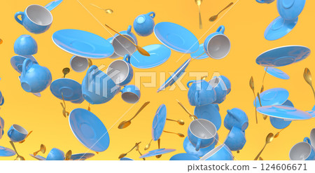 Many of flying ceramic coffee cups for espresso, teaspoons and plates on yellow 124606671
