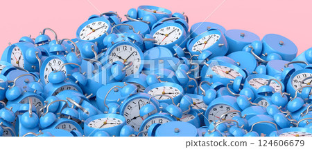 Pile of alarm clocks on pink background. 3d render of wake up time Pile of alarm clocks on pink background. 3d render of wake up time 124606679