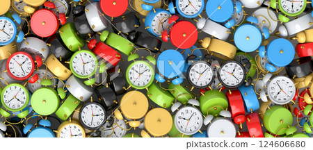 Pile of alarm clocks on multicolor background. 3d render of wake up time Pile of alarm clocks on multicolor background. 3d render of wake up time 124606680