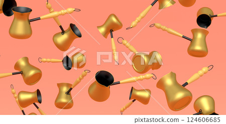 Many of flying Turkish coffee cooked in sand or coffee maker cezve on orange 124606685