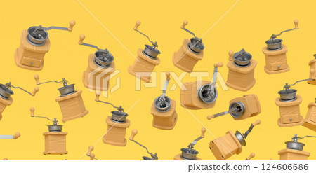 Many of flying manual wooden coffee grinder on yellow background. 124606686