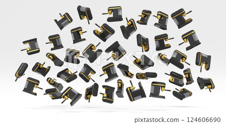 Many of flying professional espresso coffee machine with horn on white 124606690