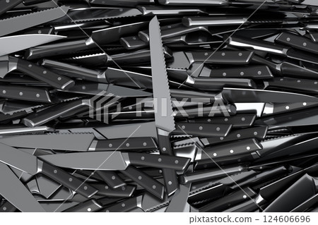 Pile of chef's kitchen knives on black background 124606696