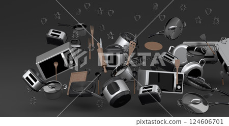 Electric kitchen appliances and utensils for making pastry on black background Electric kitchen appliances and utensils for making pastry on black background 124606701
