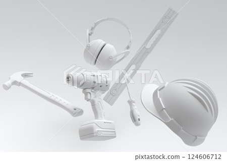 Flying view of monochrome construction tools for repair on white background Flying view of monochrome construction tools for repair on white background 124606712
