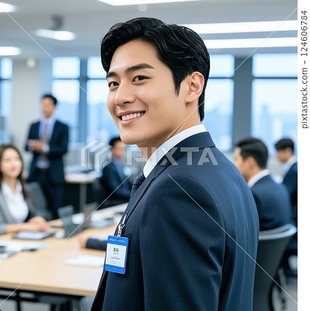 一個微笑著工作的商人 124606784