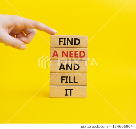 Fill the need symbol. Concept word Find a Need and Fill it on wooden blocks. Businessman hand. Beautiful yellow background. Business and Fill the need concept. Copy space 124606904