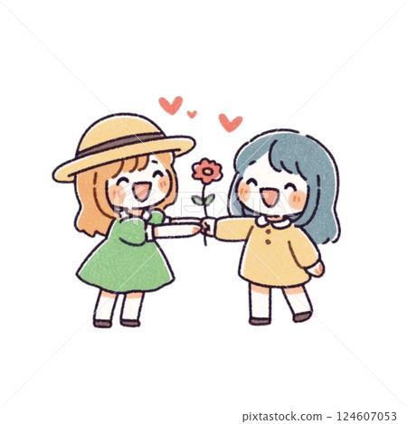 變形,親密朋友女孩送花的插圖,圖標,材料,無背景 變形,親密朋友女孩送花的插圖,圖標,材料,無背景 124607053