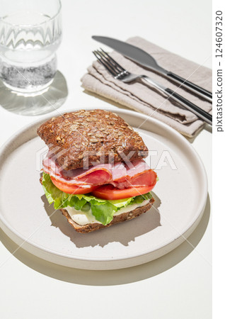 Toast sandwich made of grain bread with prosciutto, tomatoes, lettuce and sauce on light background Toast sandwich made of grain bread with prosciutto, tomatoes, lettuce and sauce on light background 124607320