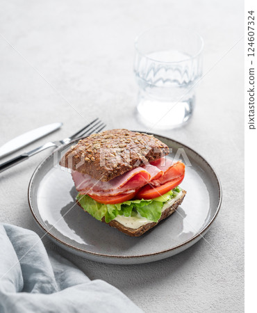 Toast sandwich made of grain bread with prosciutto, cheese, tomatoes, lettuce and sauce on a plate 124607324