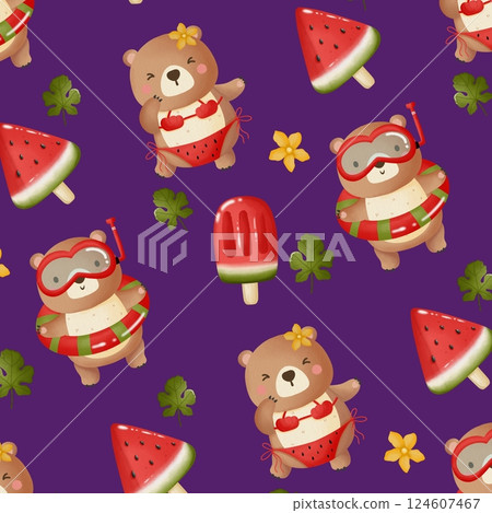 Cute Summer Bear Seamless Pattern Cute Summer Bear Seamless Pattern Perfect for Fabric Wallpaper Background 124607467