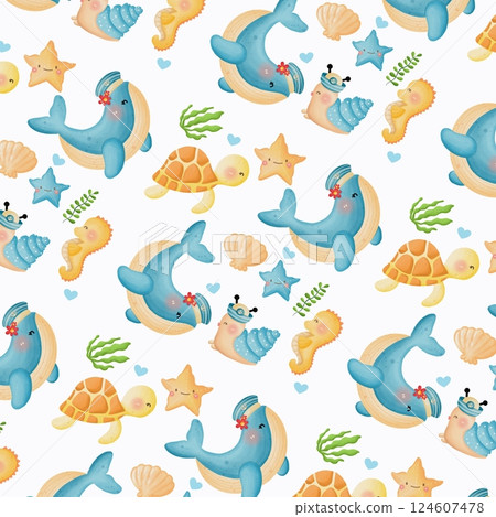 Cute Sea Animals Seamless Pattern Wallpaper Adorable Ocean Creatures Repeat Pattern for Wallpaper Backgrounds Fabric 124607478