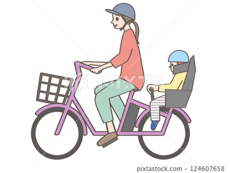 Parents and children riding child-carrying bicycles 124607658