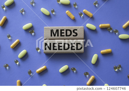Meds Needed symbol. Concept word Meds Needed on wooden blocks. Beautiful purple background with pills. Medicine and Meds Needed concept. Copy space Meds Needed symbol. Concept word Meds Needed on wooden blocks. Beautiful purple background with pills. Medicine and Meds Needed concept. Copy space 124607746