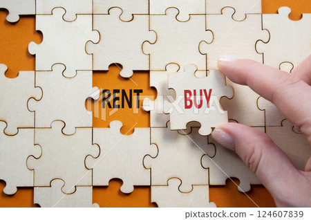 Rent or Buy symbol. Concept word Rent or Buy on wooden puzzle. Businessman hand. Beautiful orange background. Business and Rent or Buy concept. Copy space Rent or Buy symbol. Concept word Rent or Buy on wooden puzzle. Businessman hand. Beautiful orange background. Business and Rent or Buy concept. Copy space 124607839