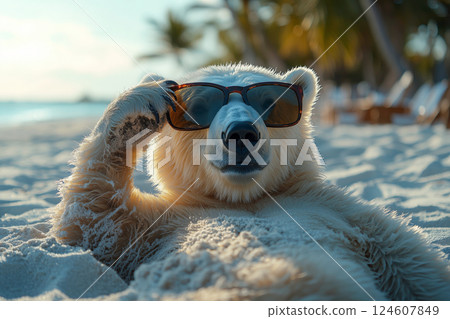 Polar bear wearing sunglasses relaxing on the beach 124607849